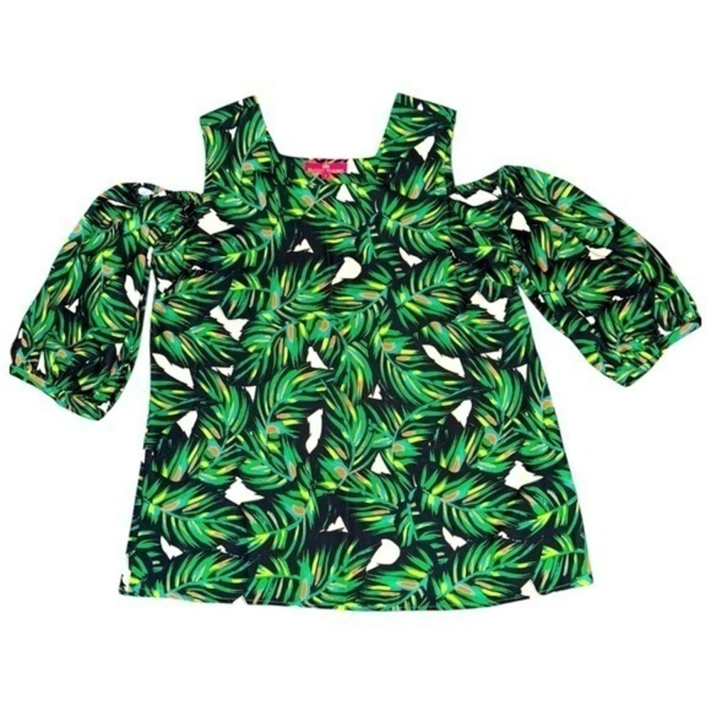 ▶️ Elaine Turner ◀️ Tropical leaf print off the shoulder top.